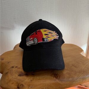 Black and red cap hat embroidered truck with flames! Hot wheel lovers. OSFM